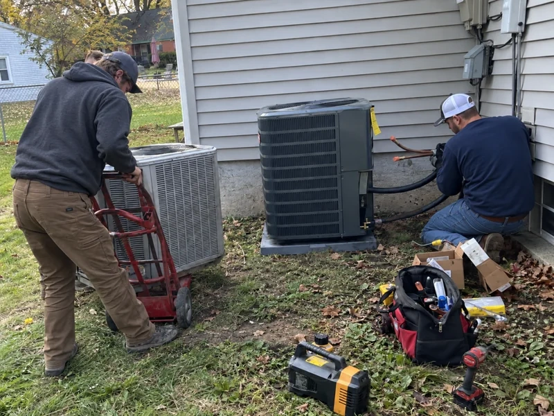 Two Affordable Air technicians hauling away an old heat pump and connecting the new one