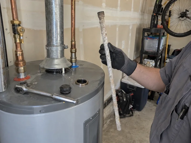 An Affordable Air technician holding a corroded anode rod just removed from a tank water heater during a maintenance visit