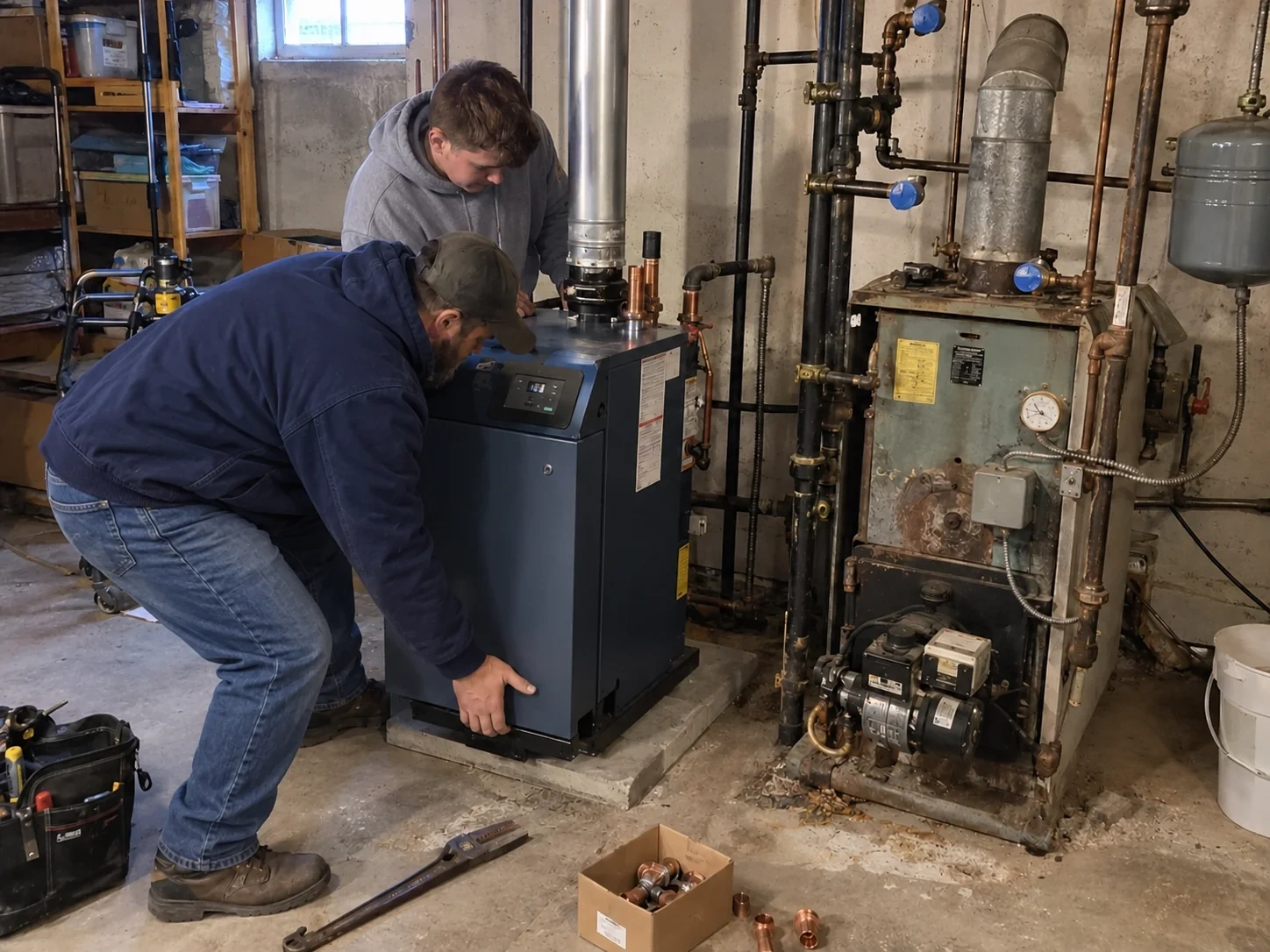 Two Affordable Air technicians setting a new boiler in place beside the old one