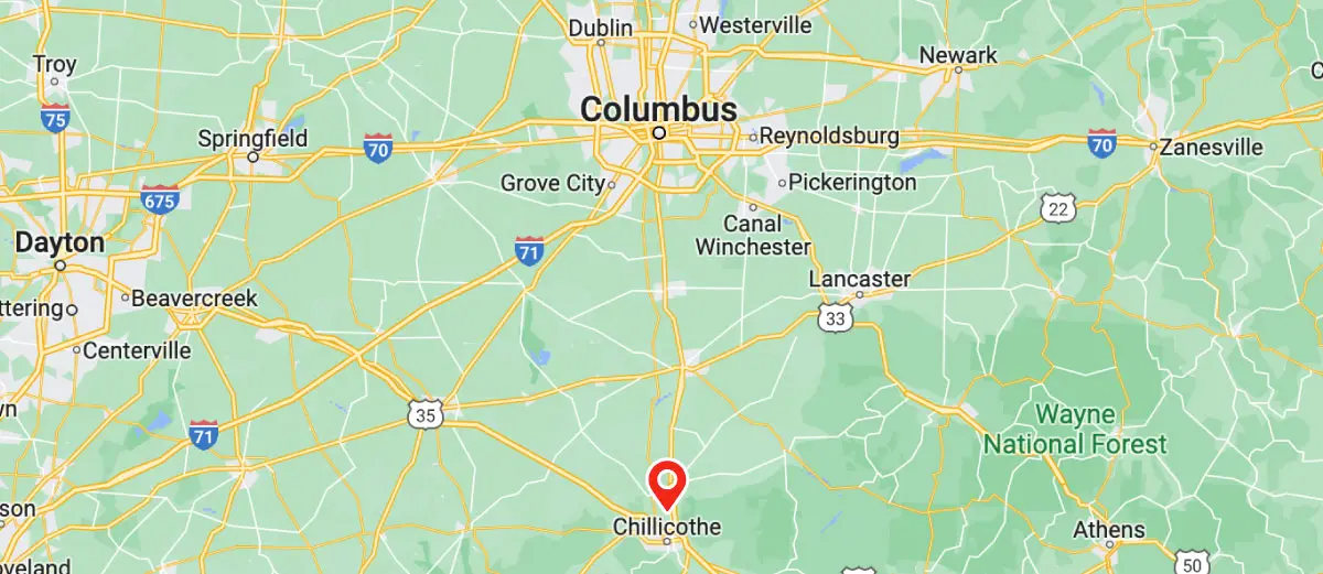 Map of central and southern Ohio with Affordable Air marked in Chillicothe