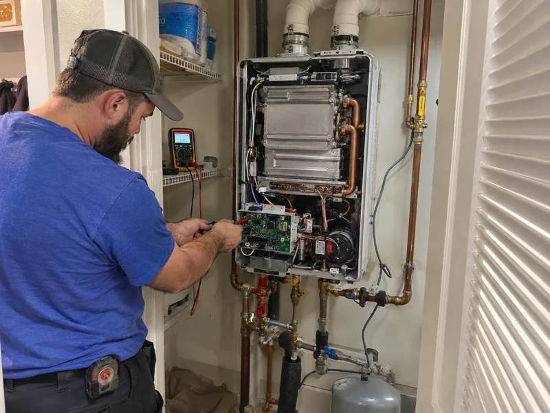 An Affordable Air technician testing the control board of a wall-mounted tankless water heater with a multimeter