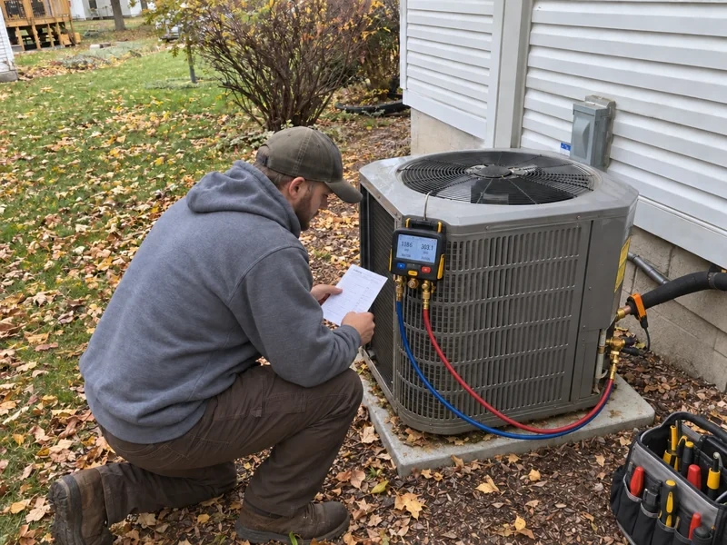 An Affordable Air technician checking heat pump refrigerant pressures with digital gauges during a tune-up