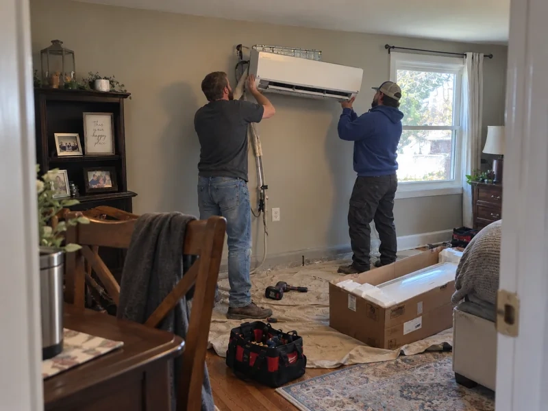 Two Affordable Air technicians replacing a ductless mini-split indoor unit in a living room