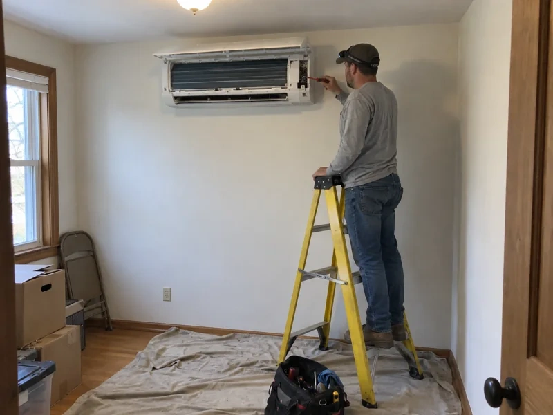 An Affordable Air technician on a ladder repairing a ductless mini-split indoor unit that isn't heating well