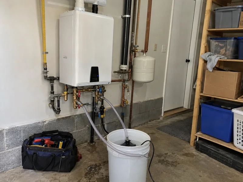 A wall-mounted tankless water heater being descaled, with hoses running from its service valves to a flush pump in a bucket