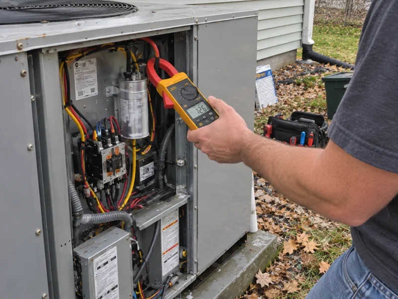 An Affordable Air technician testing a packaged unit's electrical components with a clamp meter