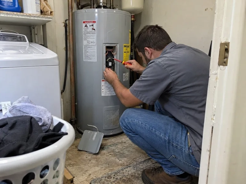 An Affordable Air technician testing the heating element controls on an electric tank water heater in a laundry room
